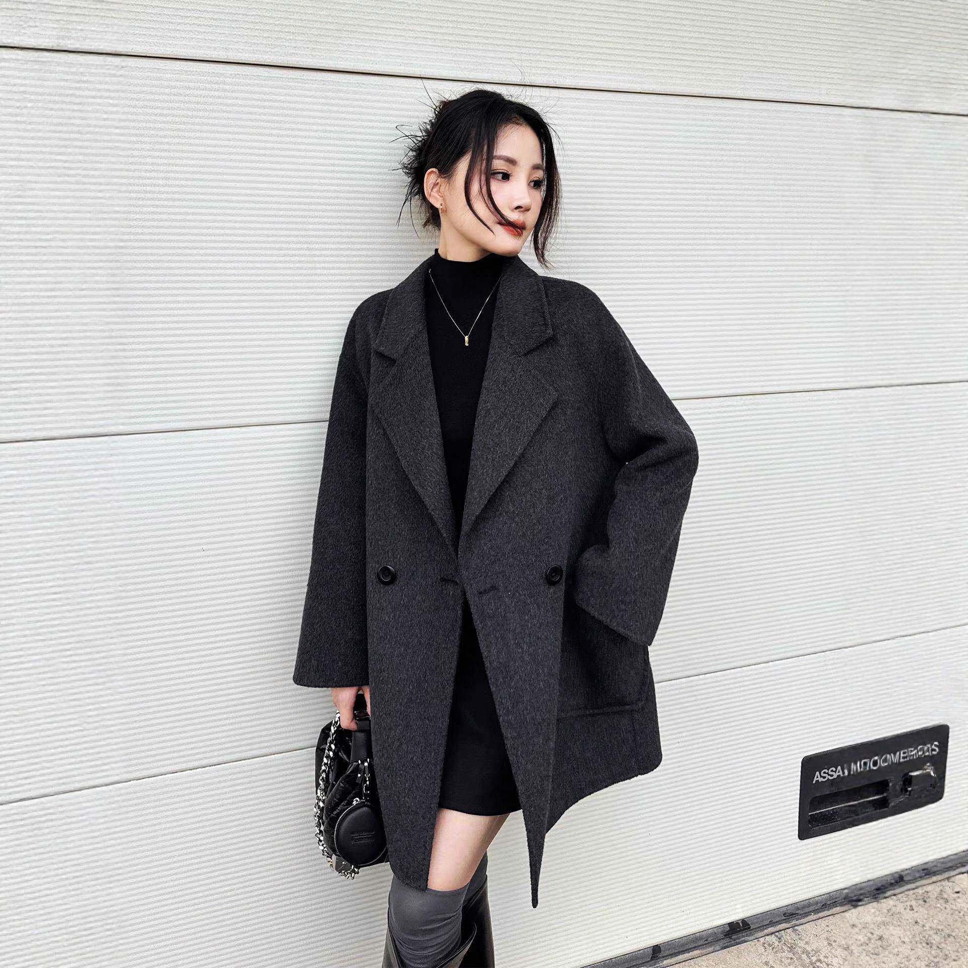 大衣女双面羊绒秋冬新款高级感韩版西装领气质通勤中长款羊毛外套