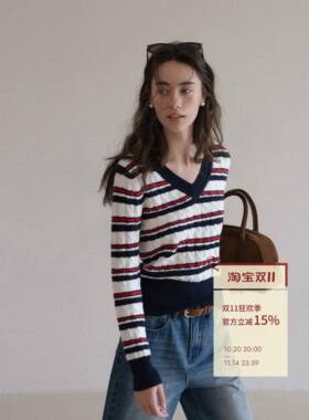 EGGKA覆古条纹V领毛针织衫女秋冬季气质修身麻花显瘦休闲长袖上衣