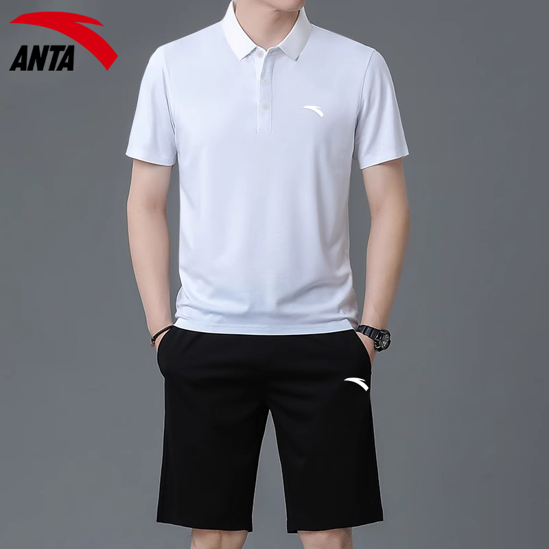 安踏男士休闲套装中年短袖polo衫短裤父亲夏季新款透气冰丝运动服