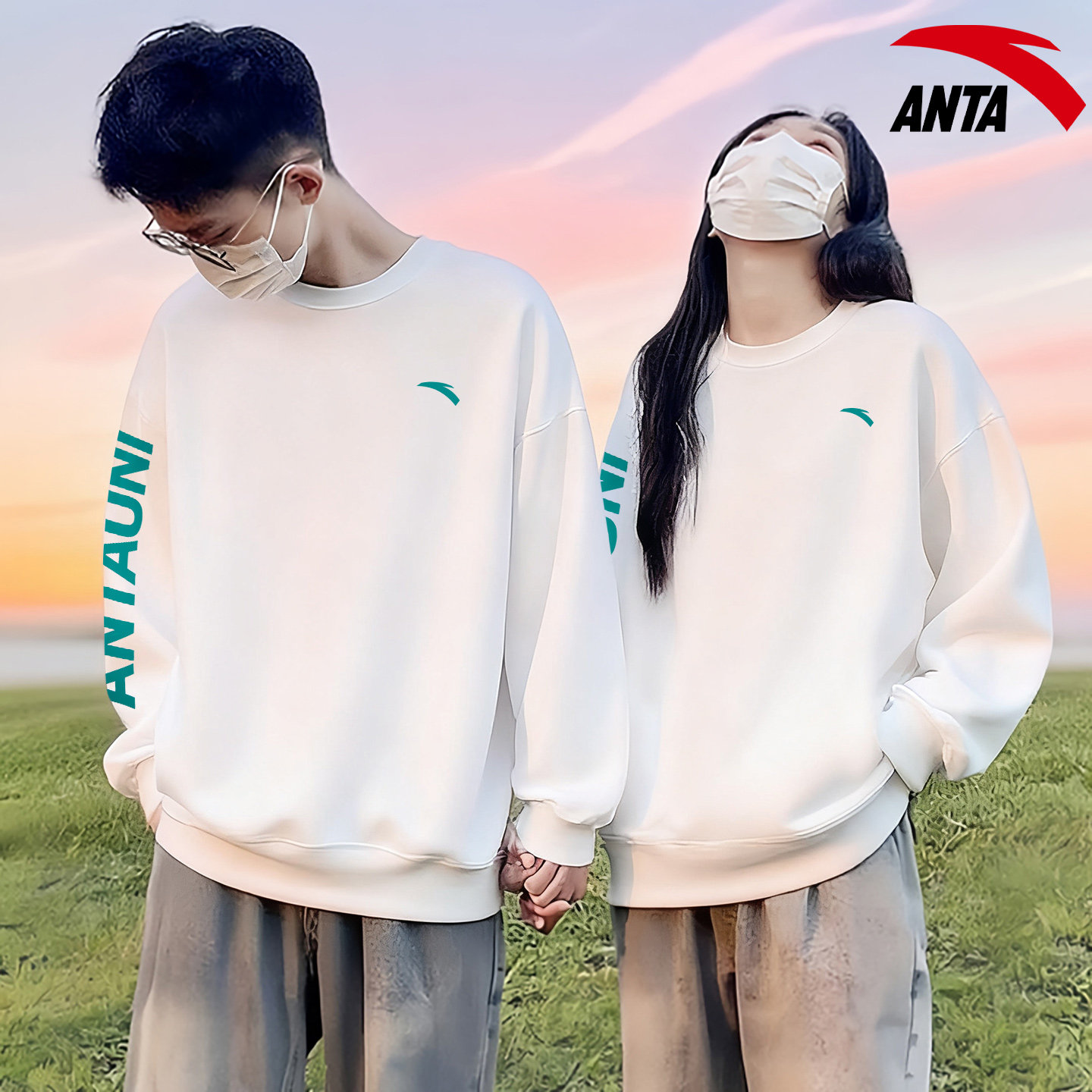 安踏情侣卫衣男女休闲白色加绒保暖2025冬季新款大码宽松运动服