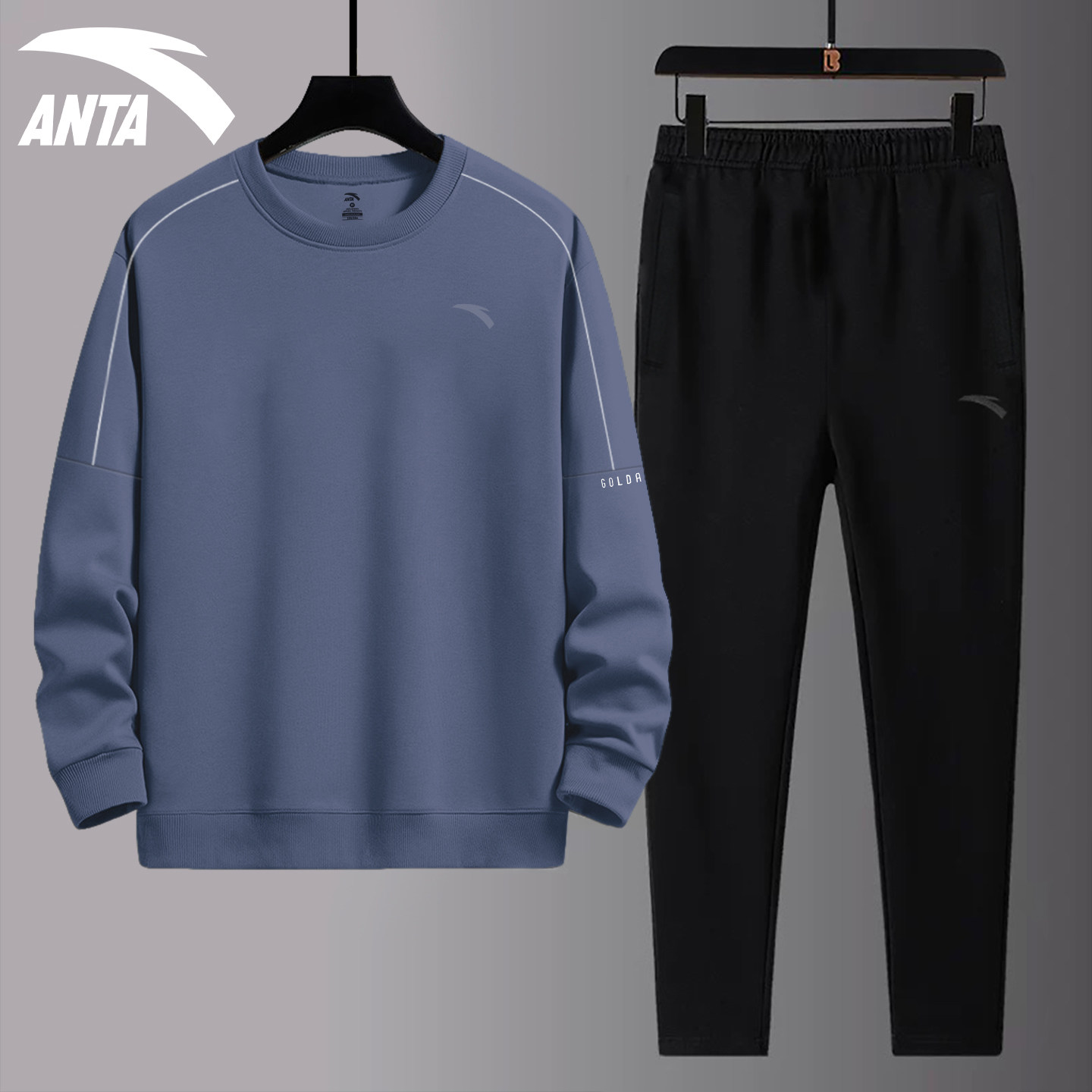 安踏男士运动套装中年休闲时尚大码宽松春季新款卫衣长裤两件套男