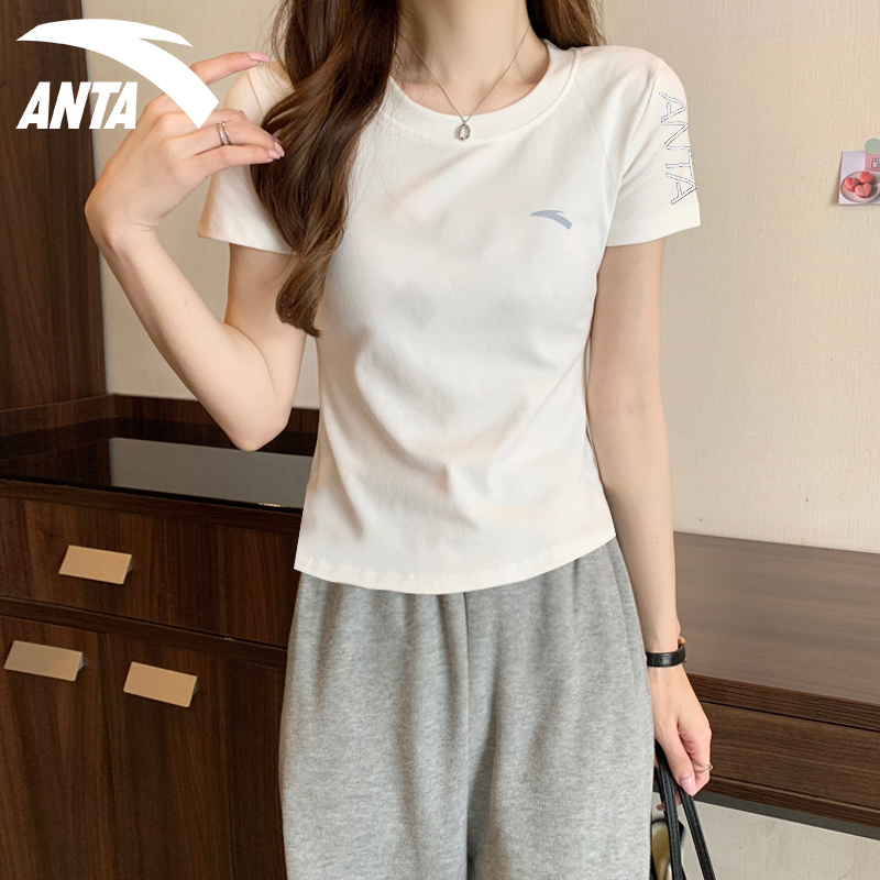 安踏短袖t恤女白色简约百搭透气速干修身正肩2025夏季新款运动服
