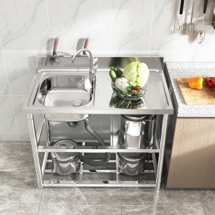 简易不锈钢水槽带刀架洗菜盆厨房台面一体柜洗碗池家用单槽水池子