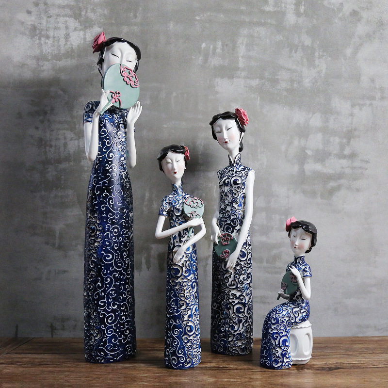 旗袍仕女青花瓷侍女装饰摆件中式人物工艺品现代客厅装饰品电视柜