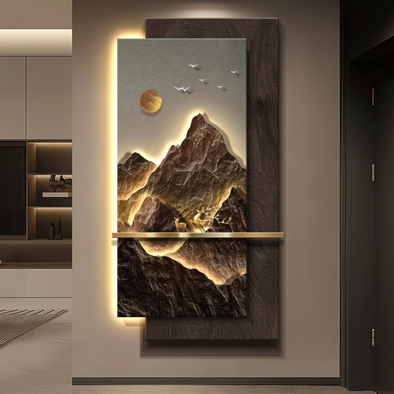 高级感轻奢入户玄关装饰画背后有山走廊过道壁灯画立体感艺术挂画图片