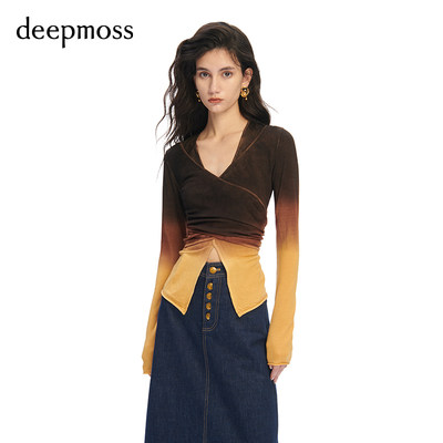 【deepmoss】2023秋季新款女装时尚渐变交叠羊毛套头针织长袖上衣