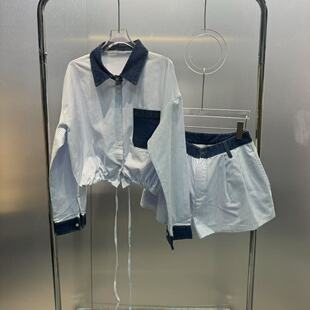 深圳南油2025早秋新款小众设计复古拼接牛仔条纹衬衫高腰短裤套装