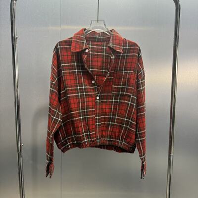 早春复古港风红格翻领长袖衬衫