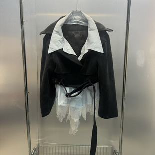 深圳南油2025冬季新款设计感两件衬衫领个性拼接蕾丝条绒羽绒服潮