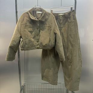 深圳南油2025冬季新款小众设计洋气夹棉复古灯芯绒外套弯刀裤套装