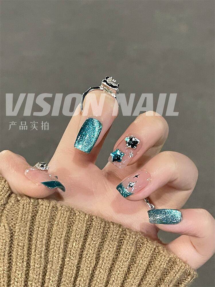 vision nail碧玺绿猫眼法式短款美甲贴片成品手工穿戴甲片
