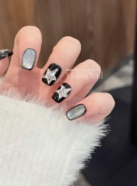 VISION NAIL黑色星星猫眼纯手工穿戴甲纯色甜酷个性小众百搭美甲
