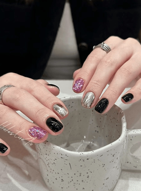 VISION NAIL春夏韩系黑色短款美甲贴片成品可拆卸手工穿戴甲片