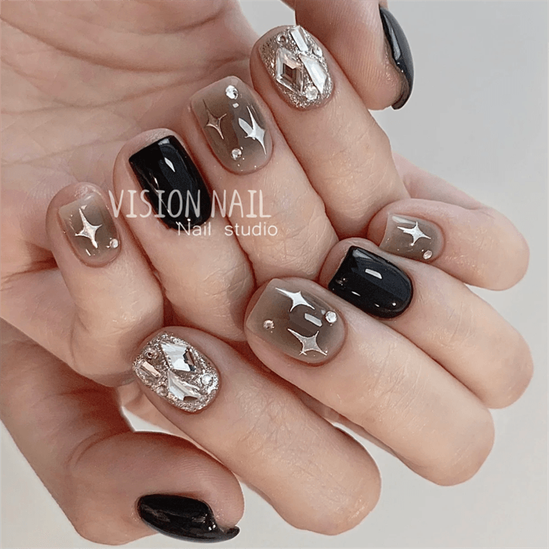 vision nail 星空黑夜短款美甲贴片成品可拆卸穿戴甲片