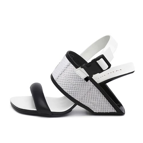 JR夏季新款异型跟一字带粗跟凉鞋