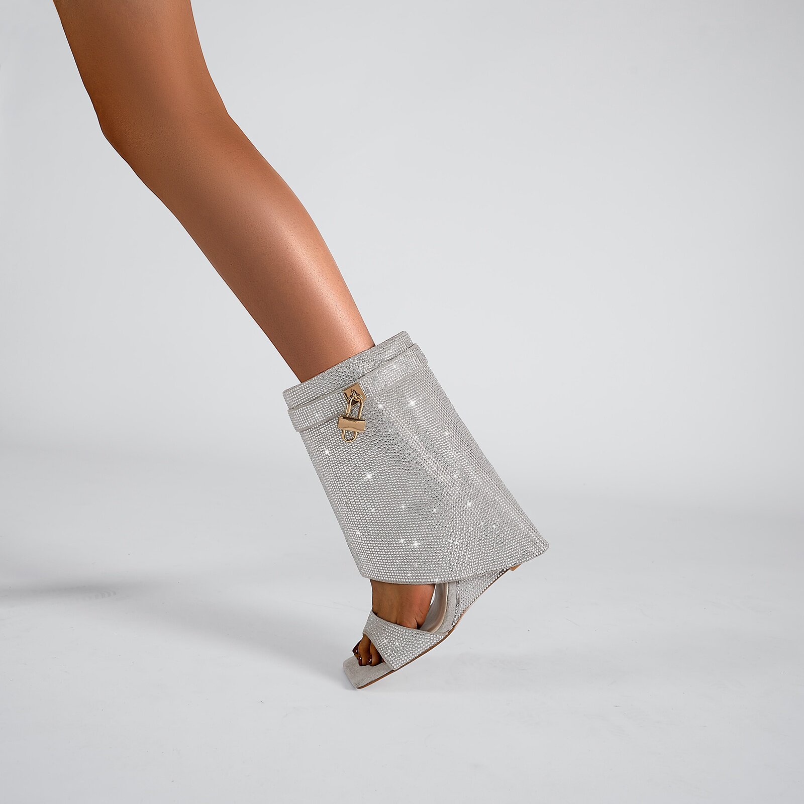 JR方头露趾坡跟平底高帮凉鞋女亮晶晶满钻烫钻高跟鞋折叠凉靴时尚