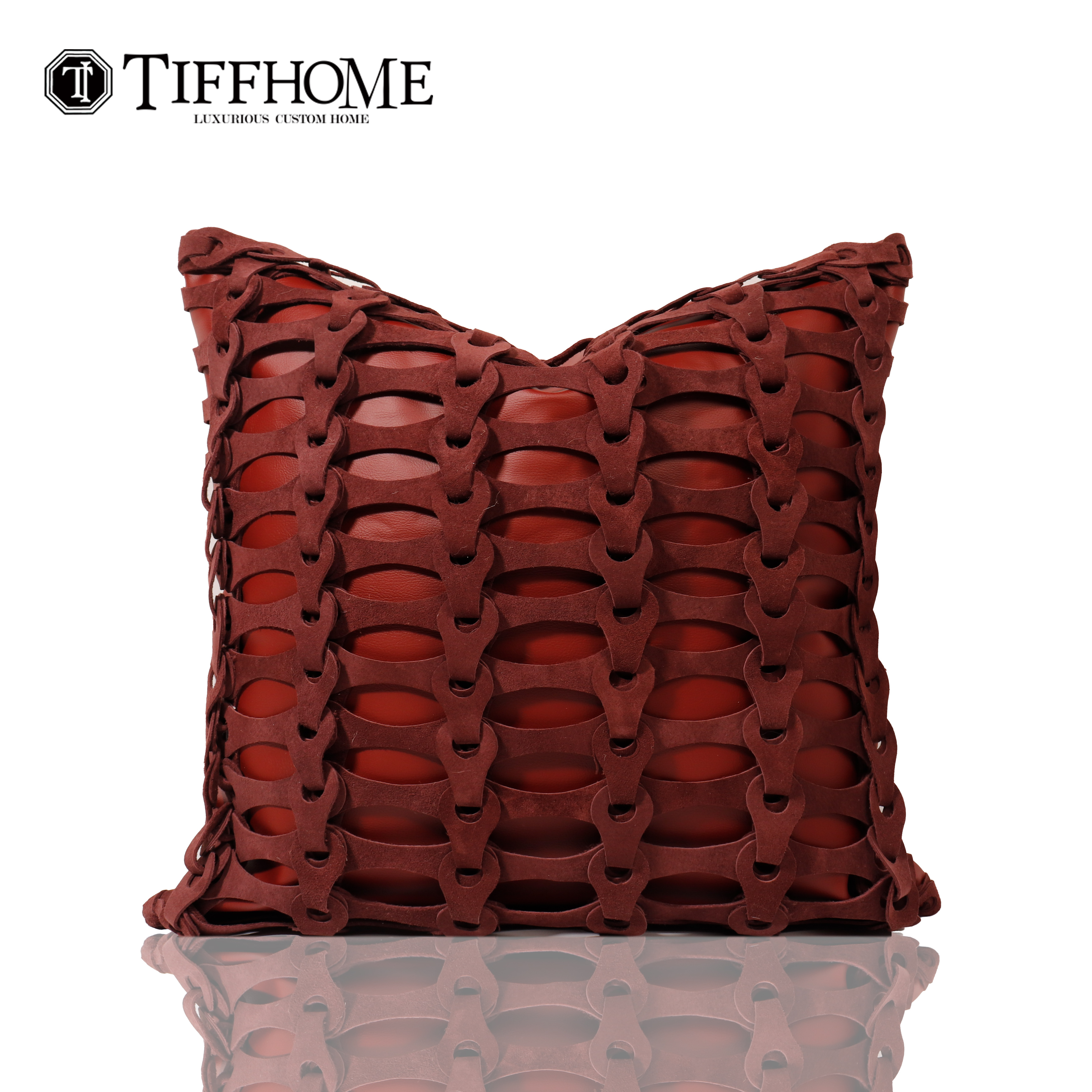 蒂芙家居轻奢样板间红色皮革手工编织麂皮绒沙发客厅抱枕床上靠枕