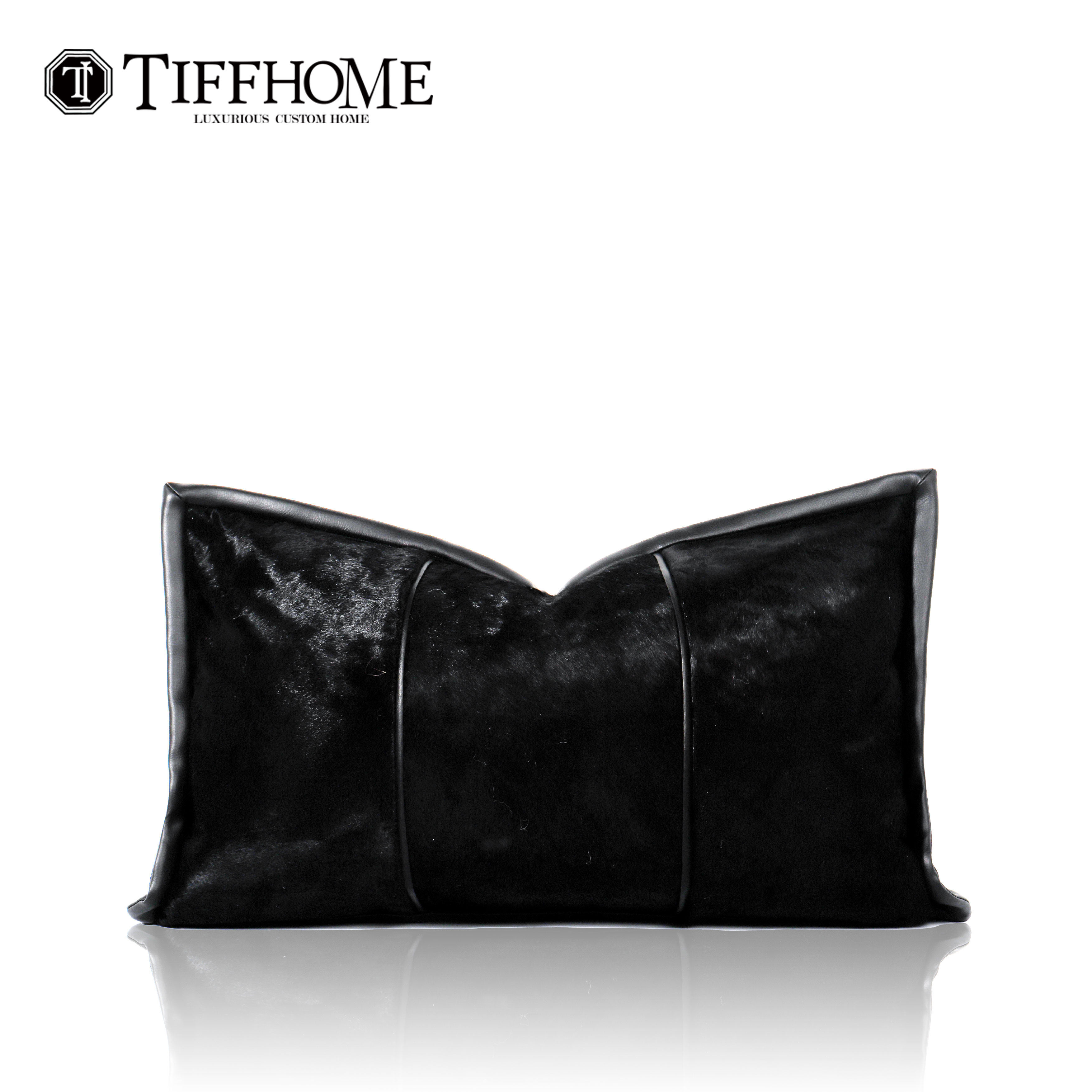 高端黑色渐变真皮马毛拼接靠垫抱枕港式轻奢样板房沙发腰枕靠垫套