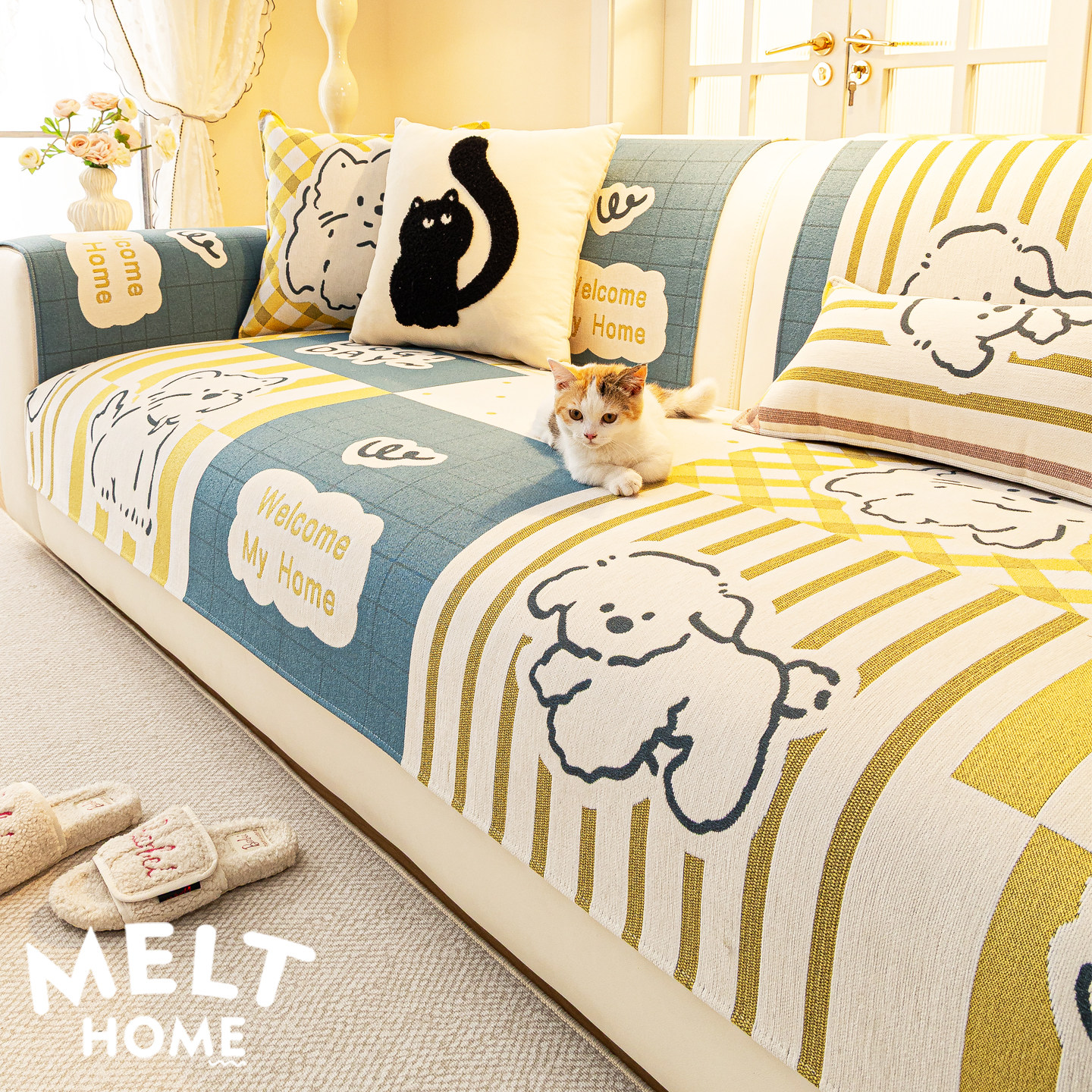 卡通可爱小狗雪尼尔沙发垫四季通用防滑直排沙发坐垫子沙发盖布巾