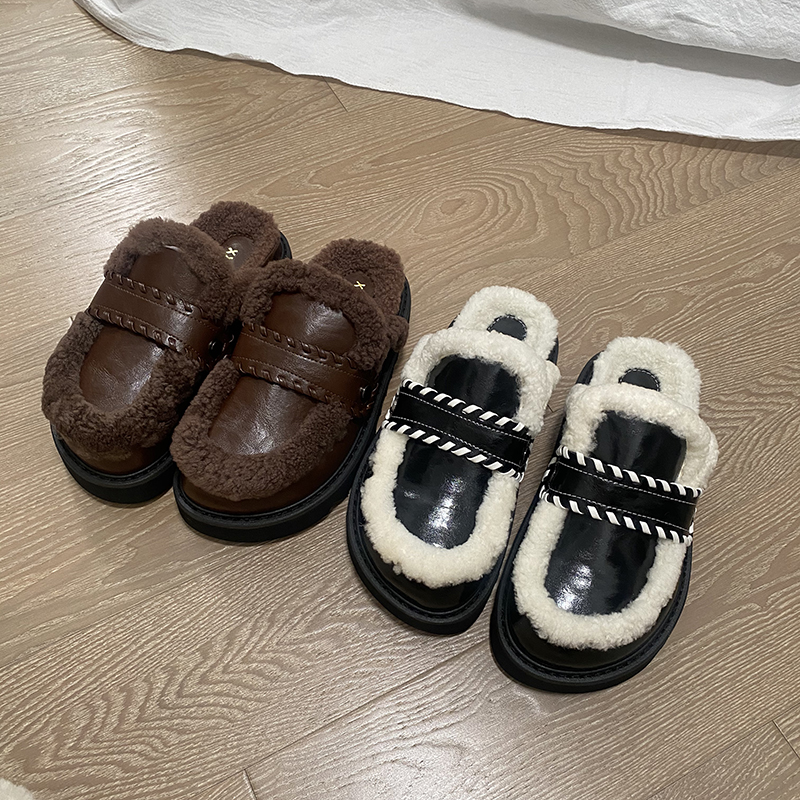 清仓~冬季女鞋时尚保暖毛毛拖懒人鞋一脚蹬包头半拖厚底外穿棉拖