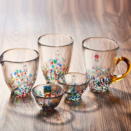 日本进口ADERIA津轻手工彩色七夕玻璃杯带把手马克杯非耐热玻璃