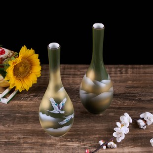 日本进口九谷烧陶瓷器鹤首·寸胴花瓶鹤花道花器大厅摆件家居插花