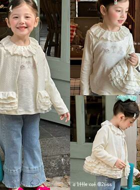 A Little Cat 110-150女童26春简约洋气娃娃衫米色开衫微喇牛仔裤