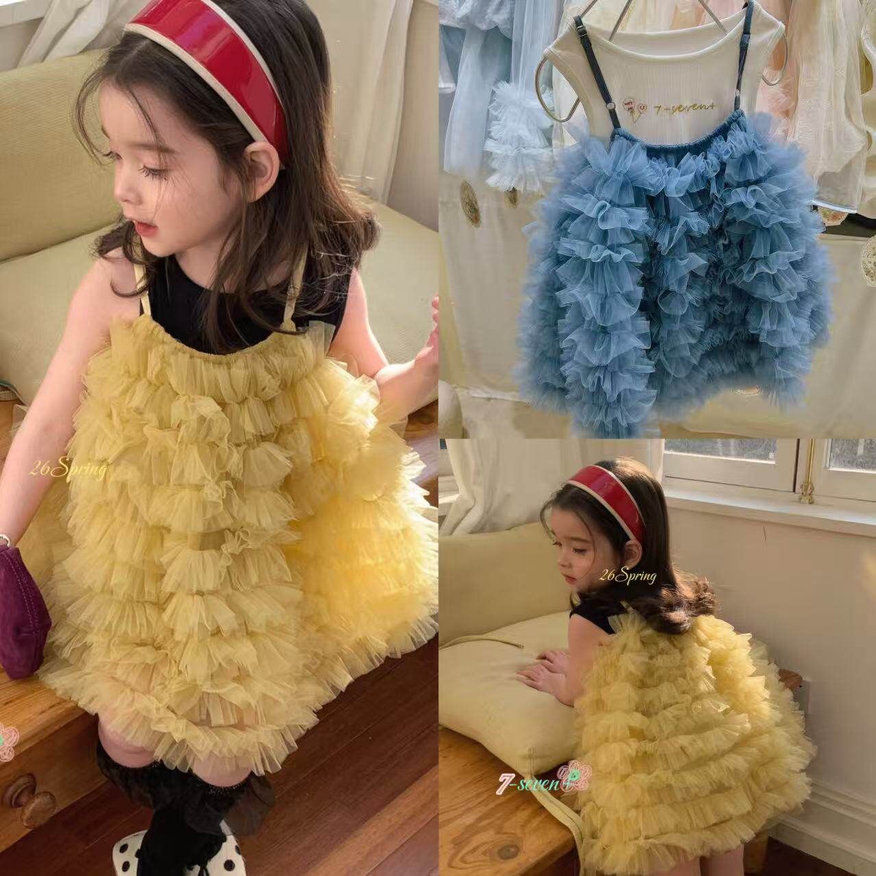 7seven26夏90-130女童韩版洋气时尚可爱无袖背心薄纱吊带蛋糕裙