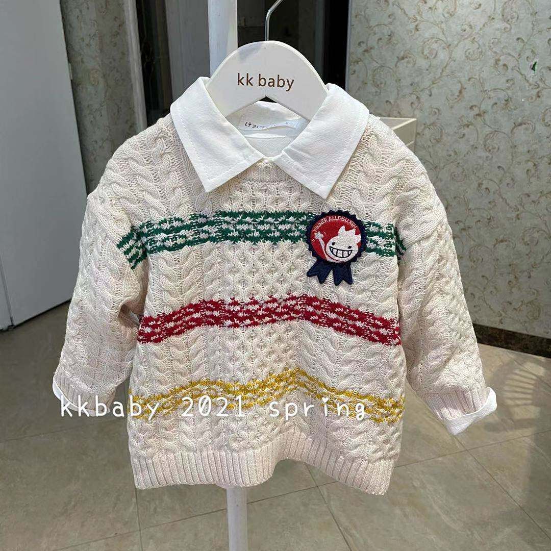 kkbaby韩国童装21春男女童休闲洋气舒适白色撞色圆领奖章针织毛衣