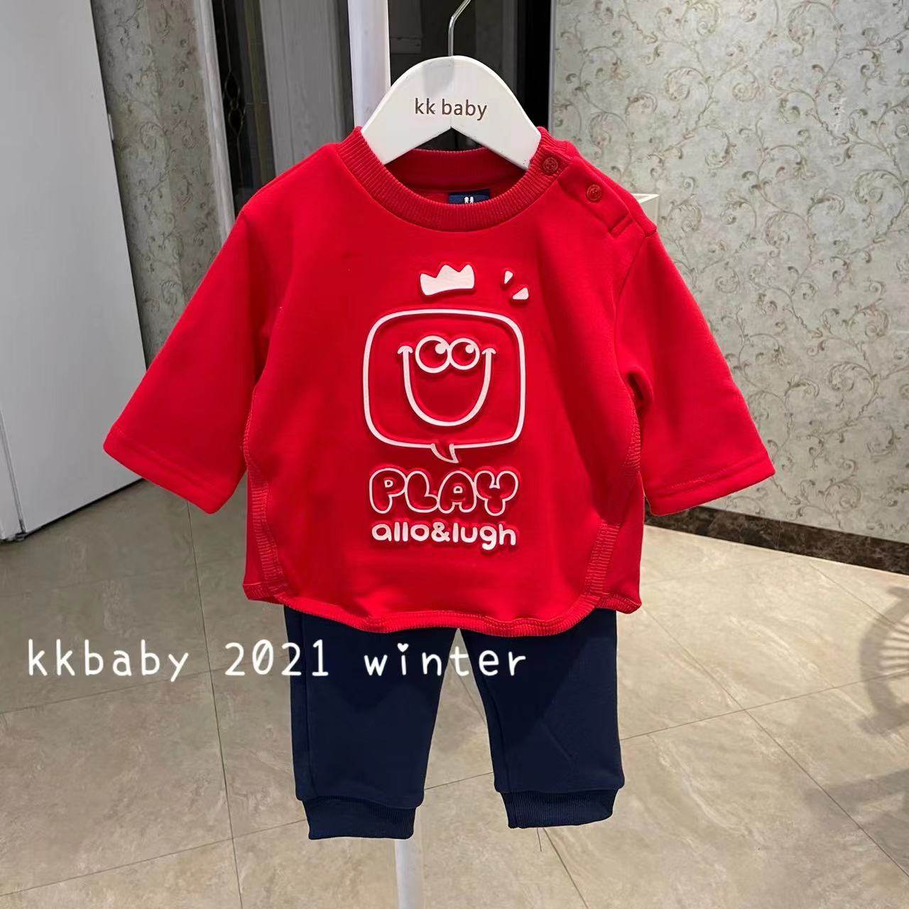 kkbaby 韩国童装原单21冬男女童洋气可爱红色加绒圆领运动裤套装
