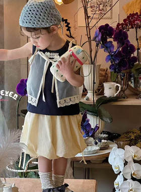 90-130女童25夏7seven韩版可爱时尚个性森系风马甲短袖黄色半身裙