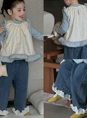 90-130女童25秋7seven韩版可爱时尚洋气纯色打底衫碎花马甲牛仔裤