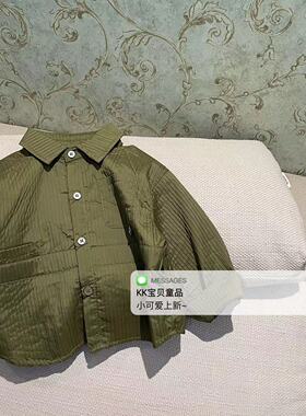 90-130小中童23秋男童简约时尚休闲百搭军绿色条纹翻领长袖衬衫