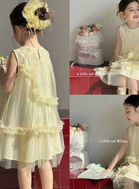 A Little Cat 110-150女童26夏简约百搭洋气黄色拼接无袖连衣裙
