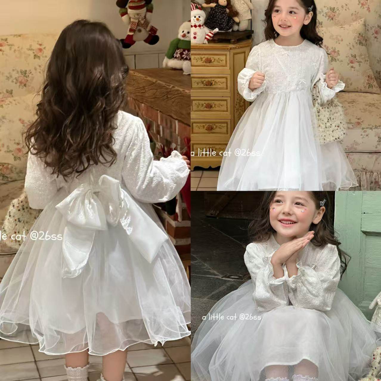 A Little Cat 110-150女童26春简约洋气白色长袖连衣裙纱裙公主裙