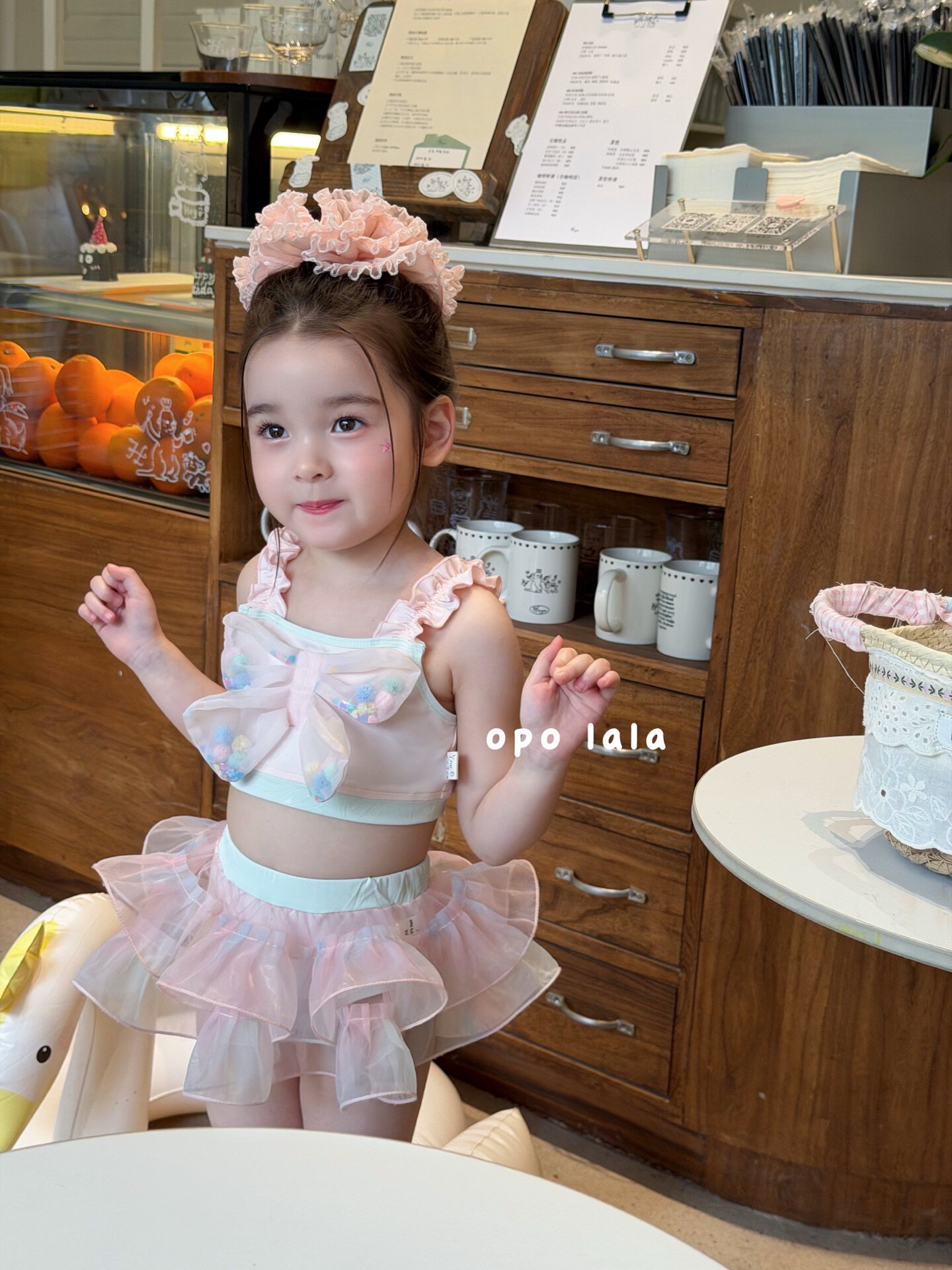 opolala正品90-130女童26夏韩版粉色网纱蝴蝶结蓬蓬裙分体游泳衣