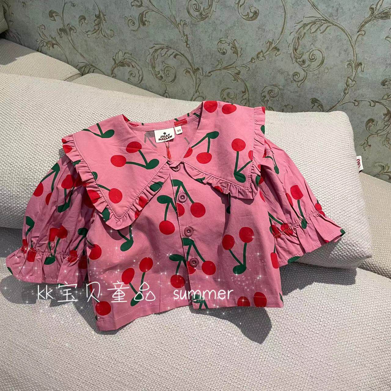 90-150女童短款印花樱桃短袖衬衫