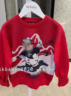 kkbaby韩国童装20冬男女童可爱个性休闲小熊圆领套头红色针织毛衣