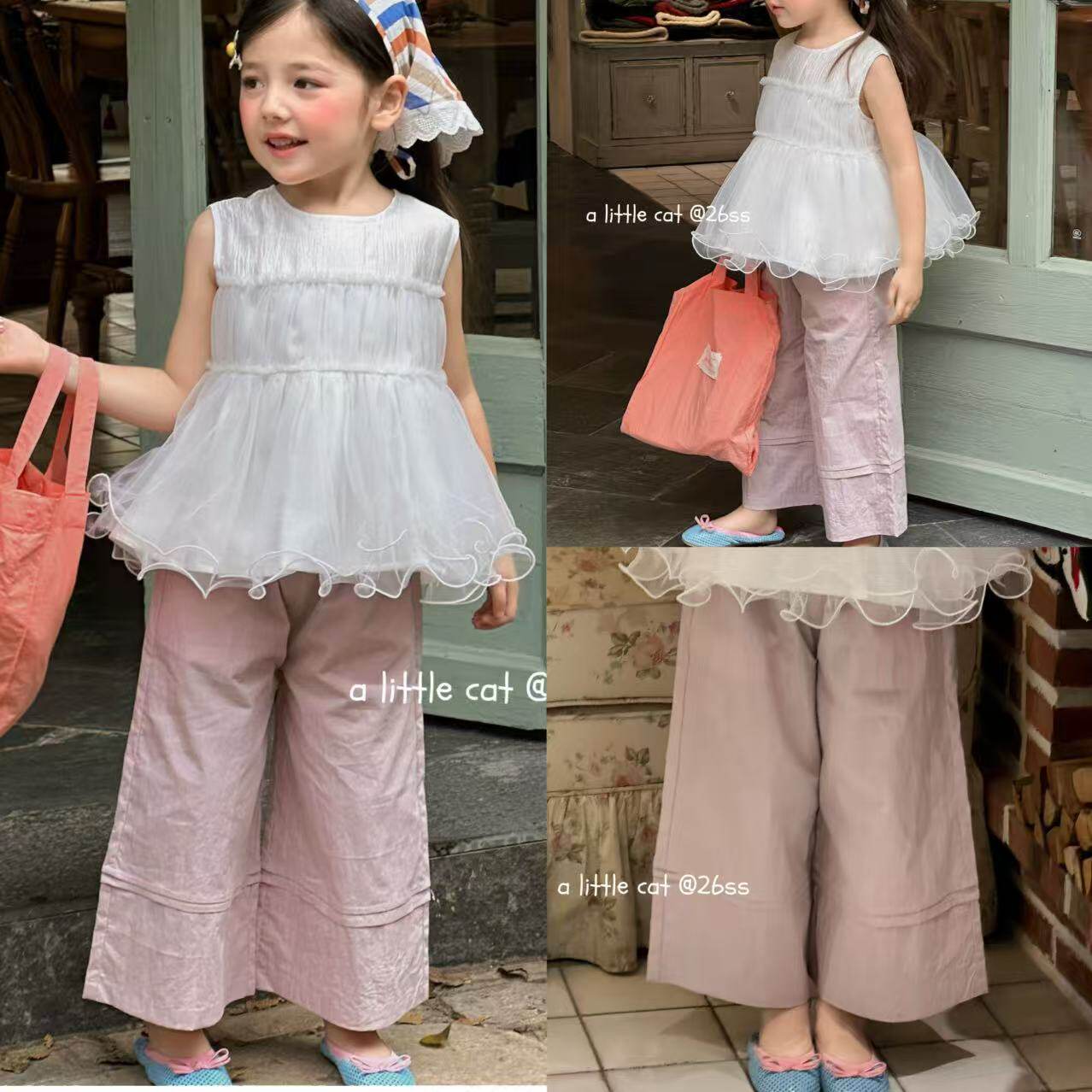 小猫集邮册110-150女童26夏韩版简约洋气白色无袖上衣粉色直筒裤