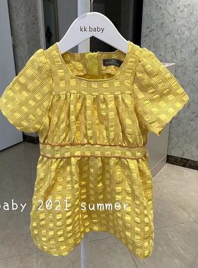 kkbaby韩国原单童装21夏女童洋气个性时尚可爱黄色格子短袖连衣裙