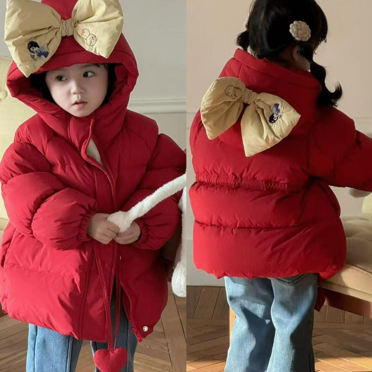 90-130女童红色连帽羽绒服