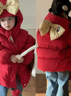 90-130女童24冬韩版小中童洋气可爱时尚喜庆红色蝴蝶结连帽羽绒服
