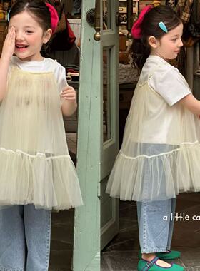 A Little Cat 110-150女童26夏百搭洋气时尚短袖黄色吊带裙套装