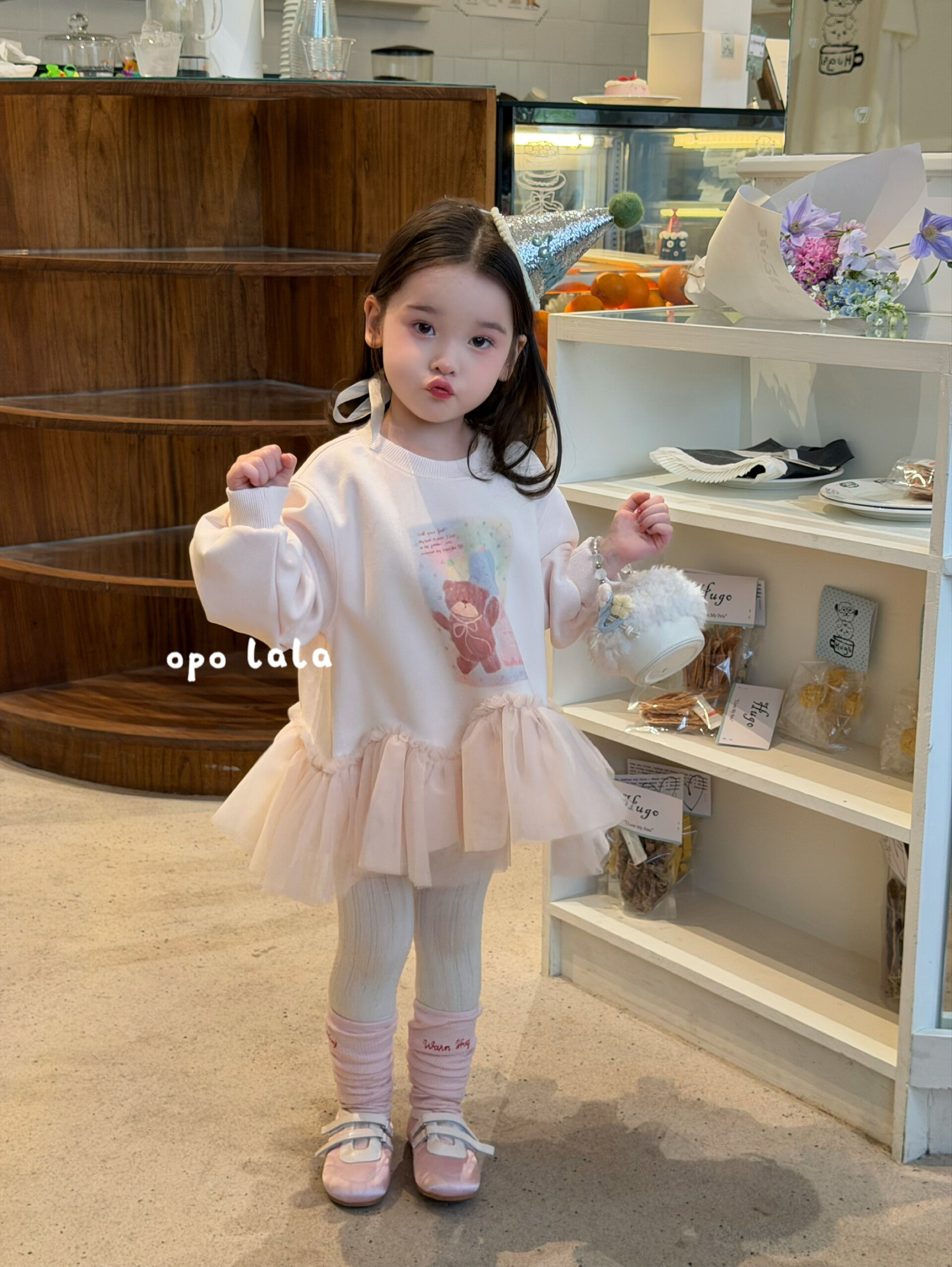 opolala90-130小童女童2026秋季新款粉色卫衣拼纱薄点打底裤子