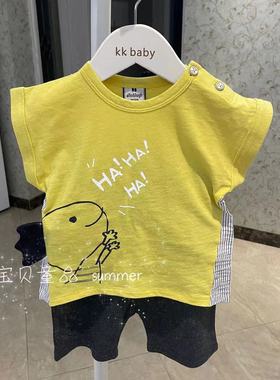kkbaby韩国童装22夏新男童洋气时尚拼接条纹黄色上衣灰色短裤套装