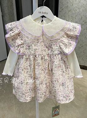 韩版童装23春女童小中童洋气可爱甜美打底衫紫色碎花连衣裙三件套