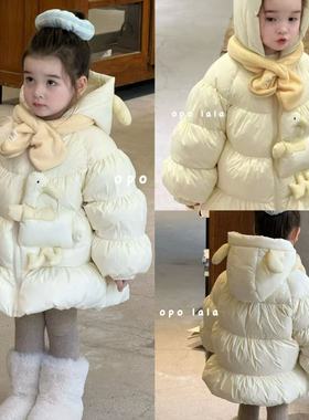 opolala25秋冬90-130女童洋气可爱卡通百搭浅黄色小鸭连帽羽绒服