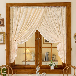 法式浪漫蕾丝纱帘透光不透人免打孔双层交叉装饰小窗帘短帘遮阳帘