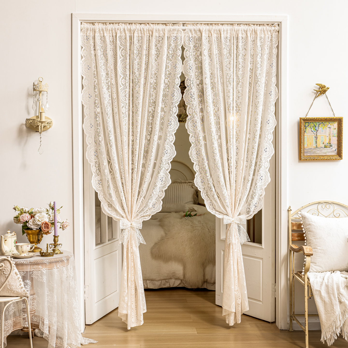 免打孔纱门帘透光不透人法式中古风氛围感隔断卧室四季隐私装饰帘