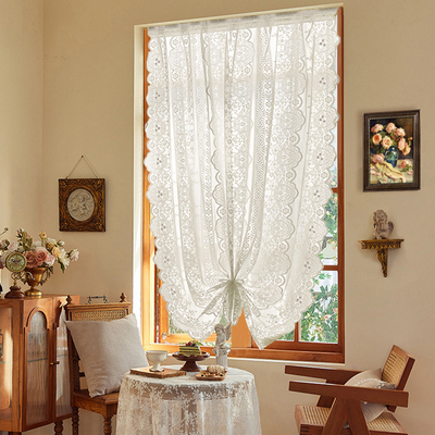 法式蕾丝纱帘免打孔粘贴飘窗短款半帘窗帘透光不透人卧室小窗户帘